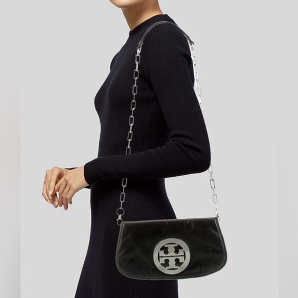 Tory Burch Women's Black Reva Flap Chain Leather Logo Crossbody Bag - Picture 1 of 13